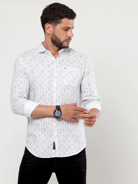 Linen Diamond Print White Shirt