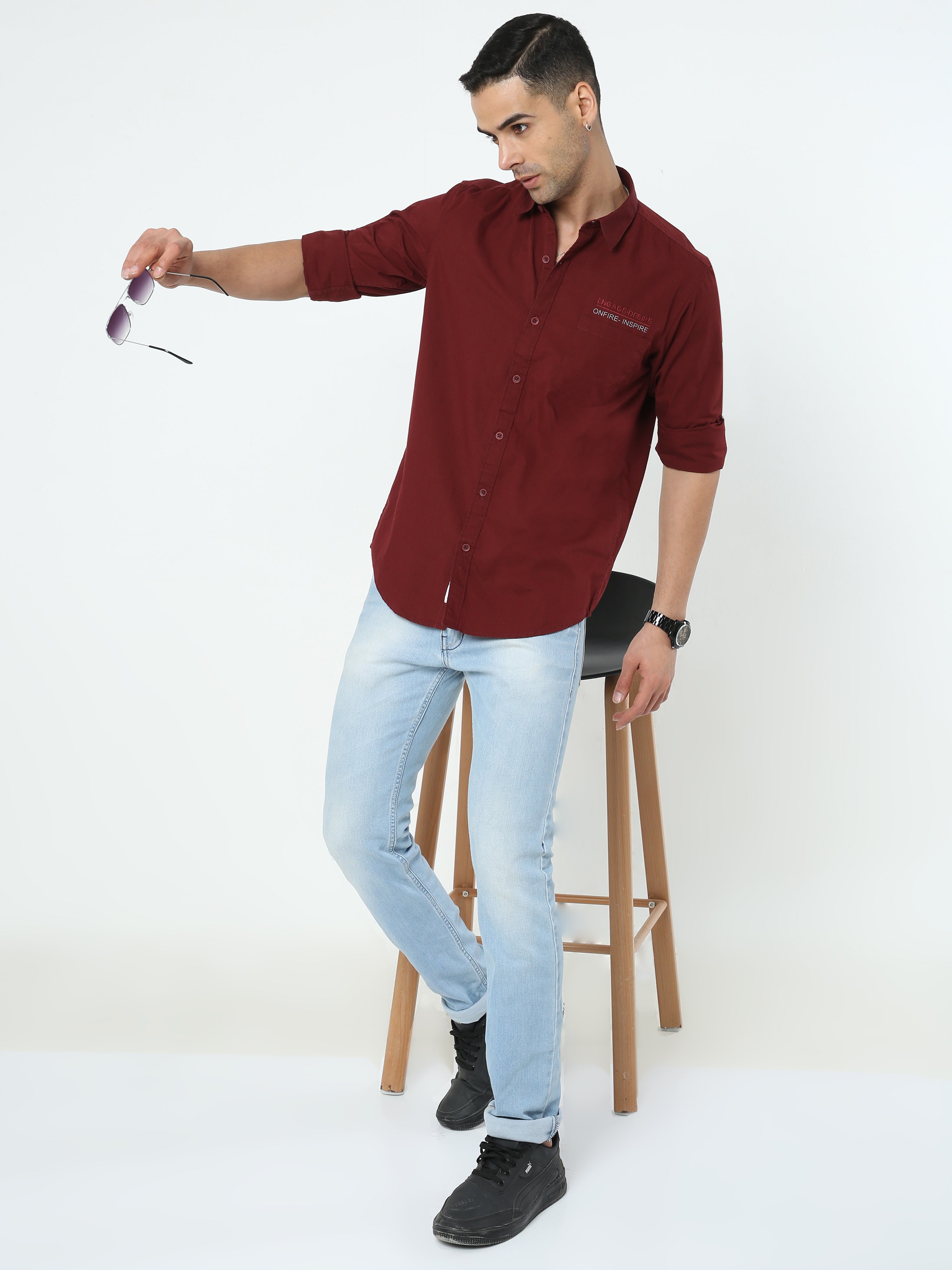 Black jeans with maroon hot sale shirt