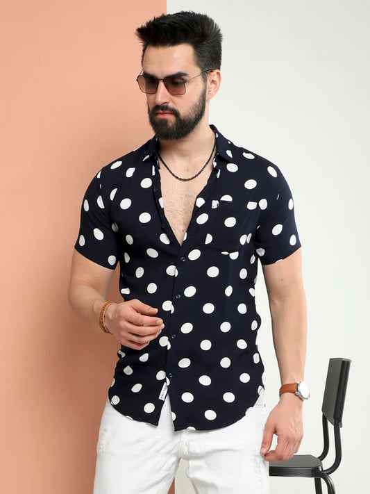 Rayon Ball Print Navy Blue Shirt