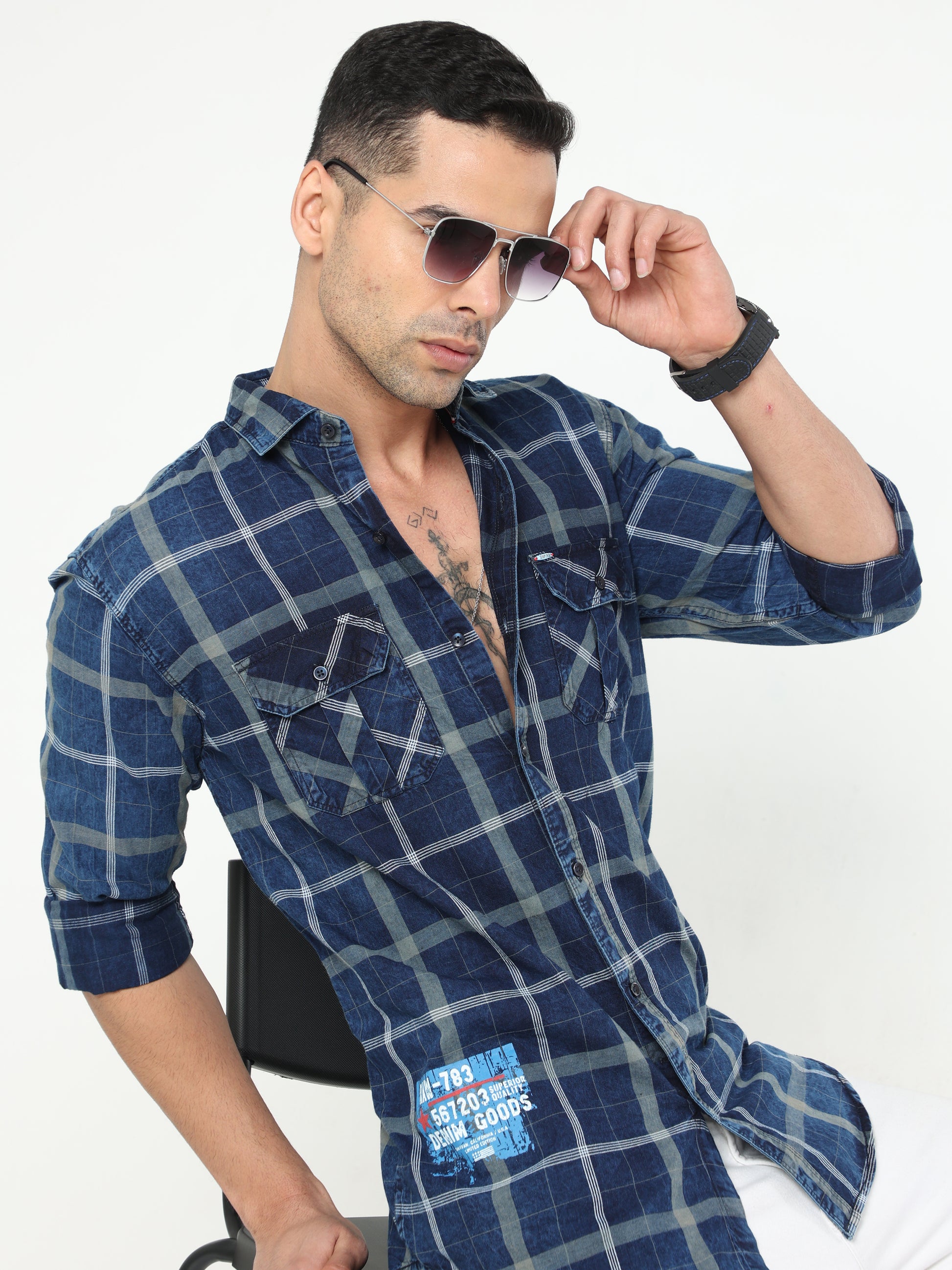 Onfire Marvao Denim Checks Cargo Shirt