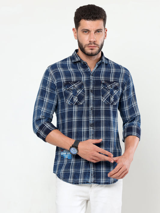 Onfire Denim Indigo Checks Cargo Shirt Blue/Grey