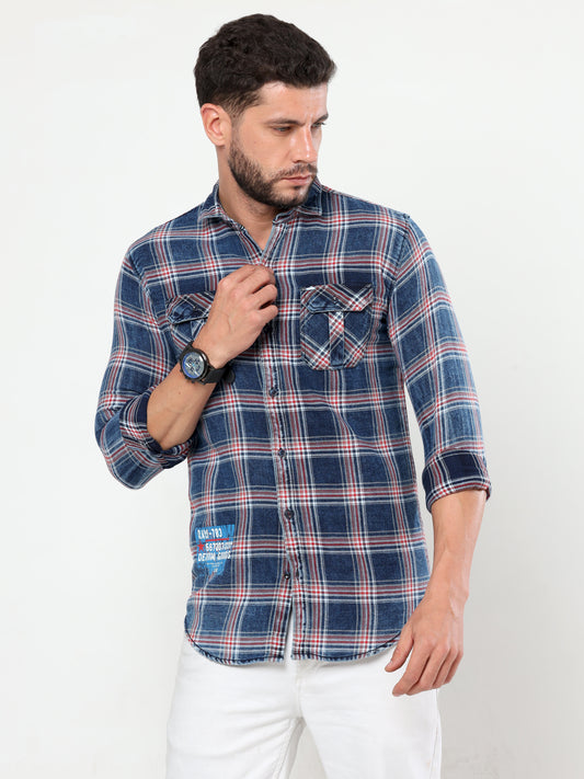 Onfire Denim Indigo Checks Cargo Shirt Blue/Red