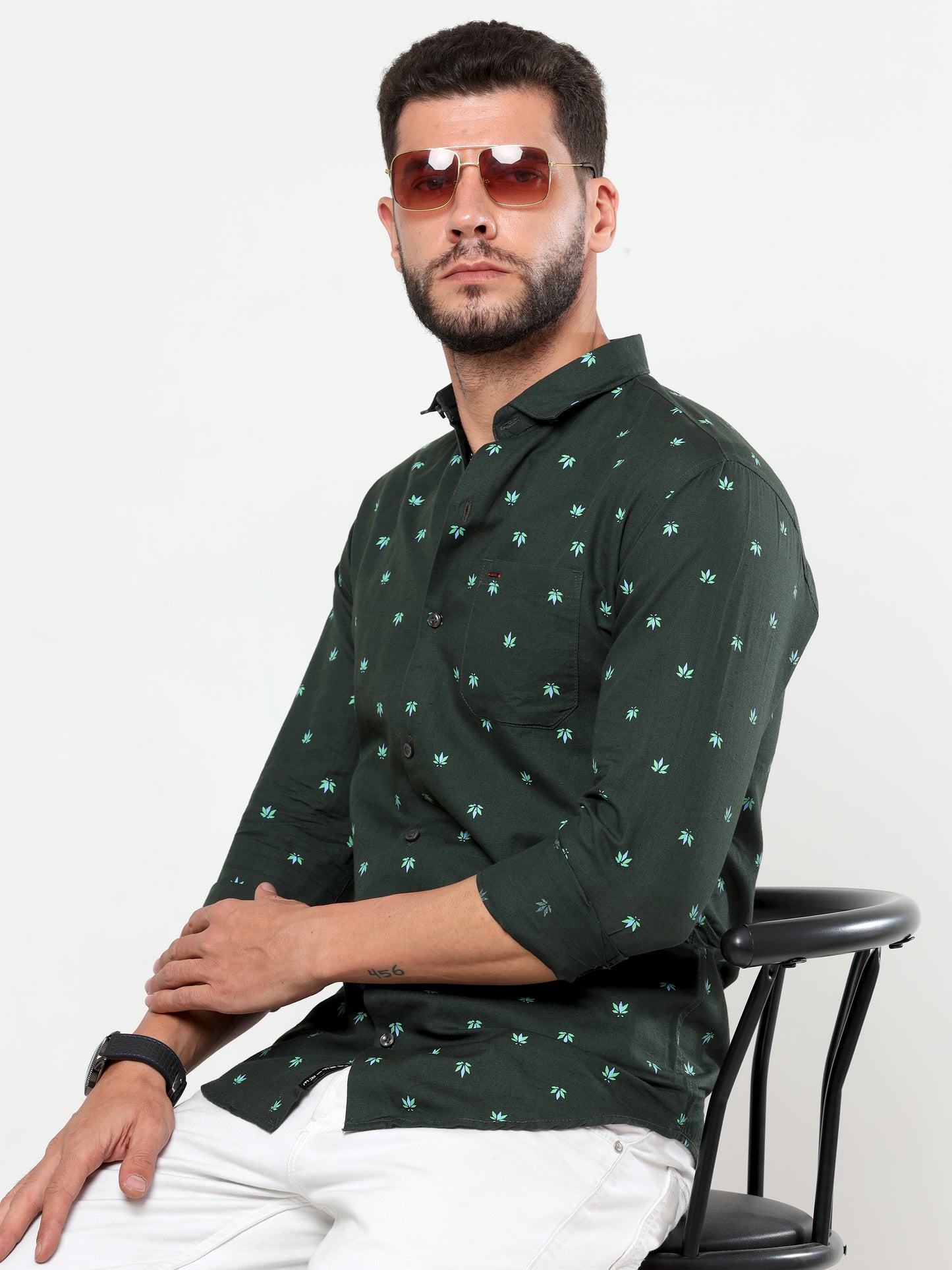 Onfire linen printed shirt bottle green