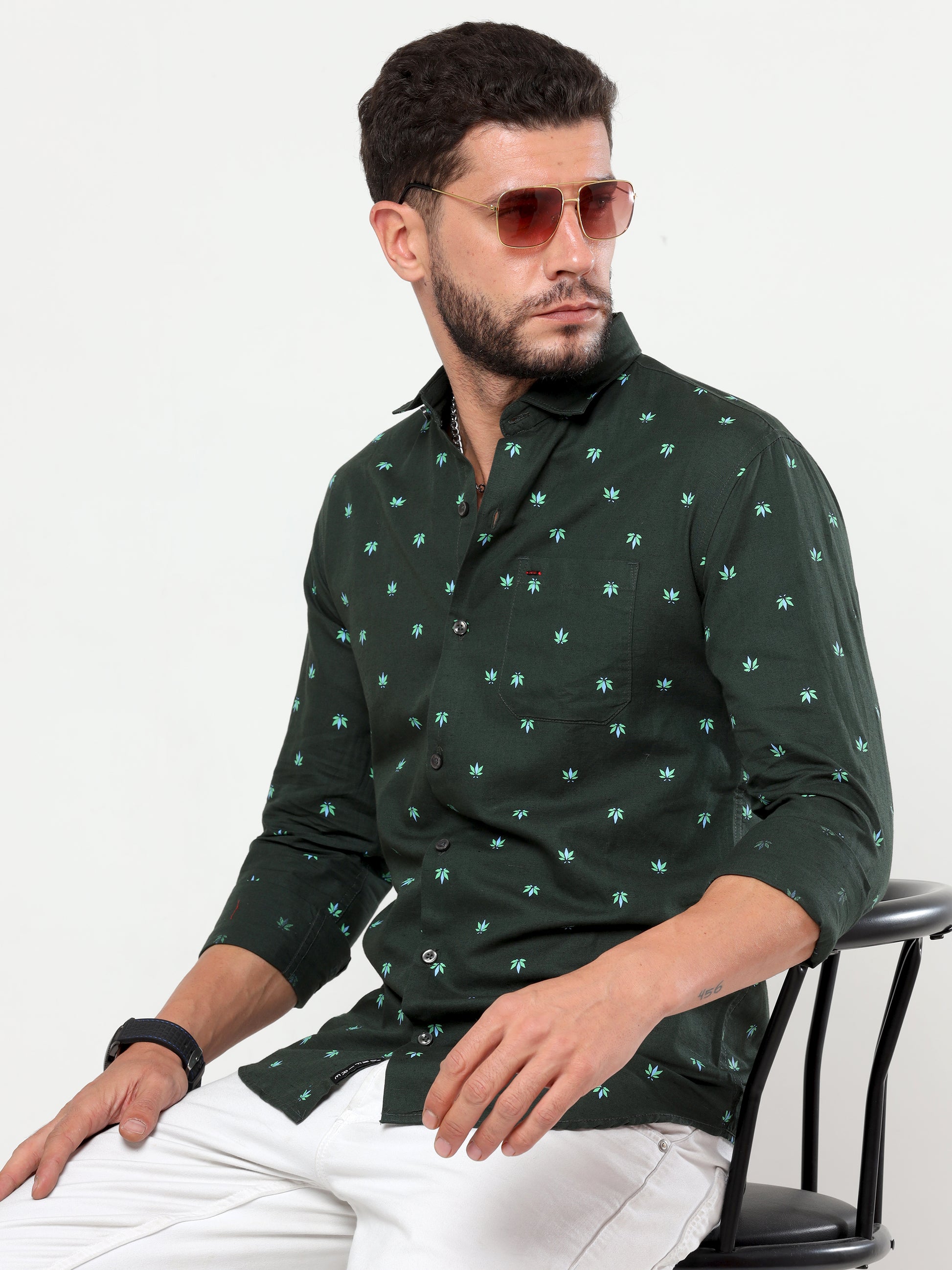 Onfire linen printed shirt bottle green