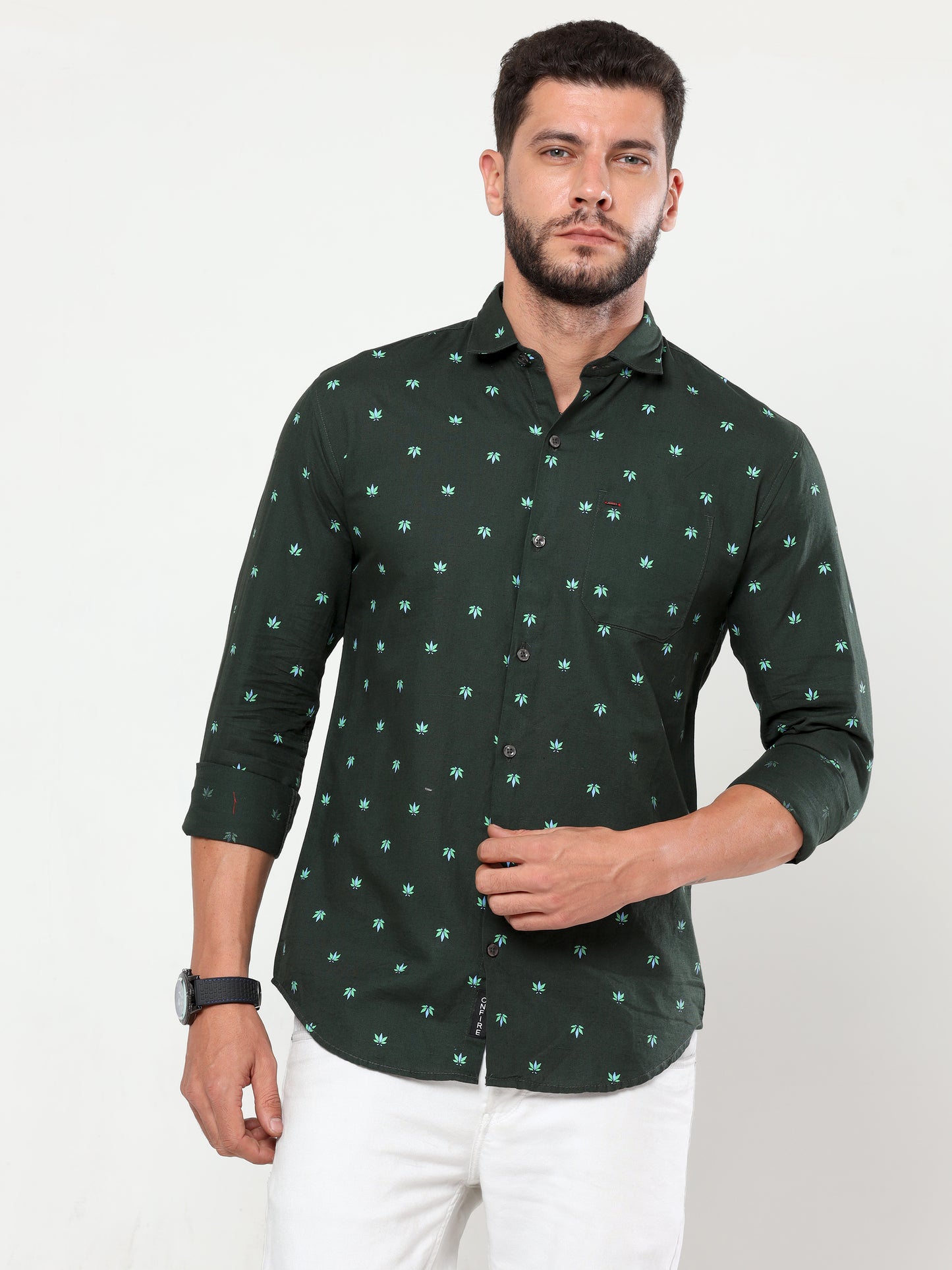 Onfire linen printed shirt bottle green