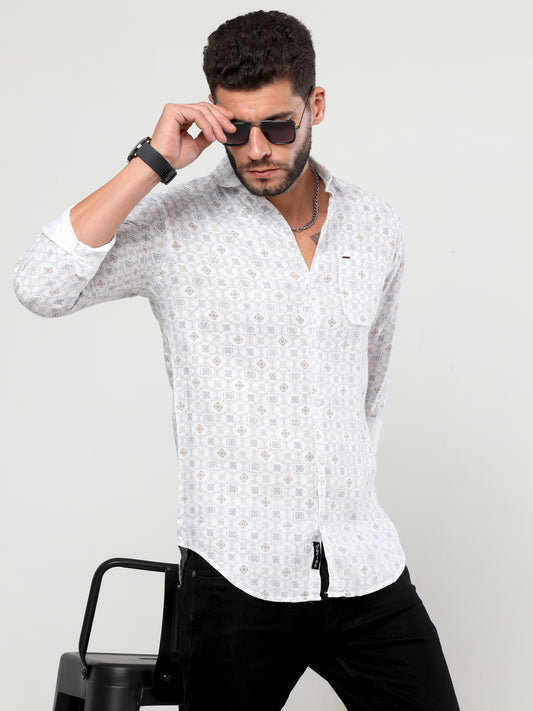 Onfire Pure linen Diamond printed shirt white