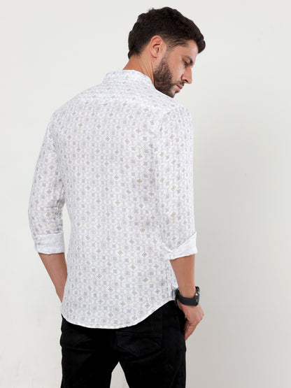 Onfire Pure linen Diamond printed shirt white