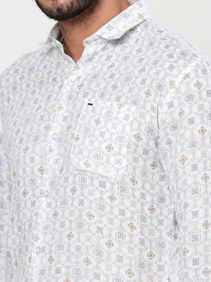 Onfire Pure linen Diamond printed shirt white