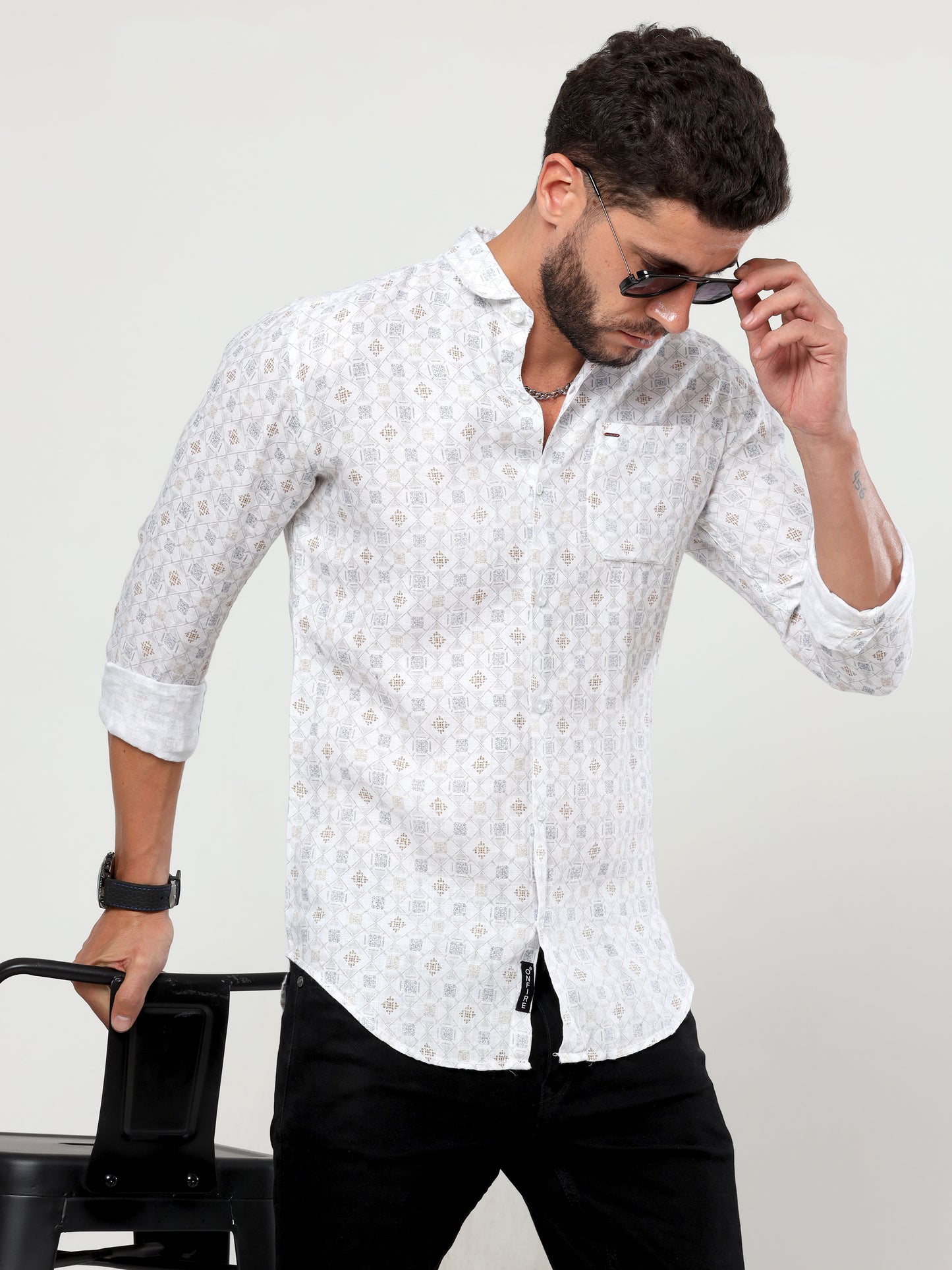 Onfire Pure linen Diamond printed shirt white