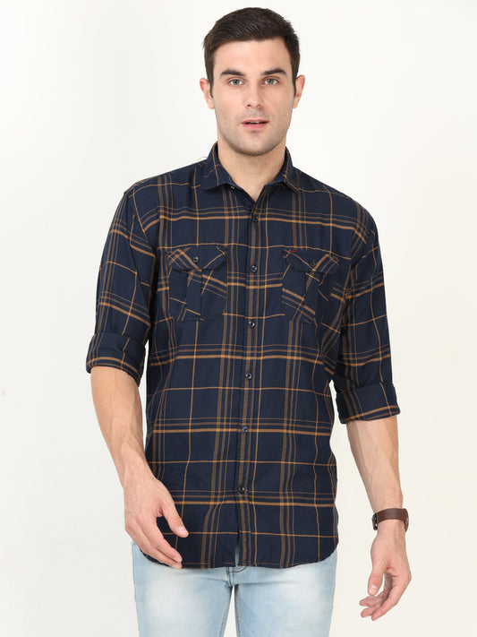 Onfire Checks Navy Blue Cargo Shirt