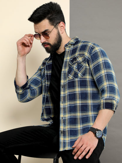 Onfire Denim Indigo Checks Cargo Shirt Blue/Yellow