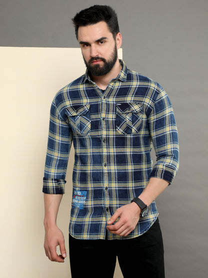 Onfire Denim Indigo Checks Cargo Shirt Blue/Yellow