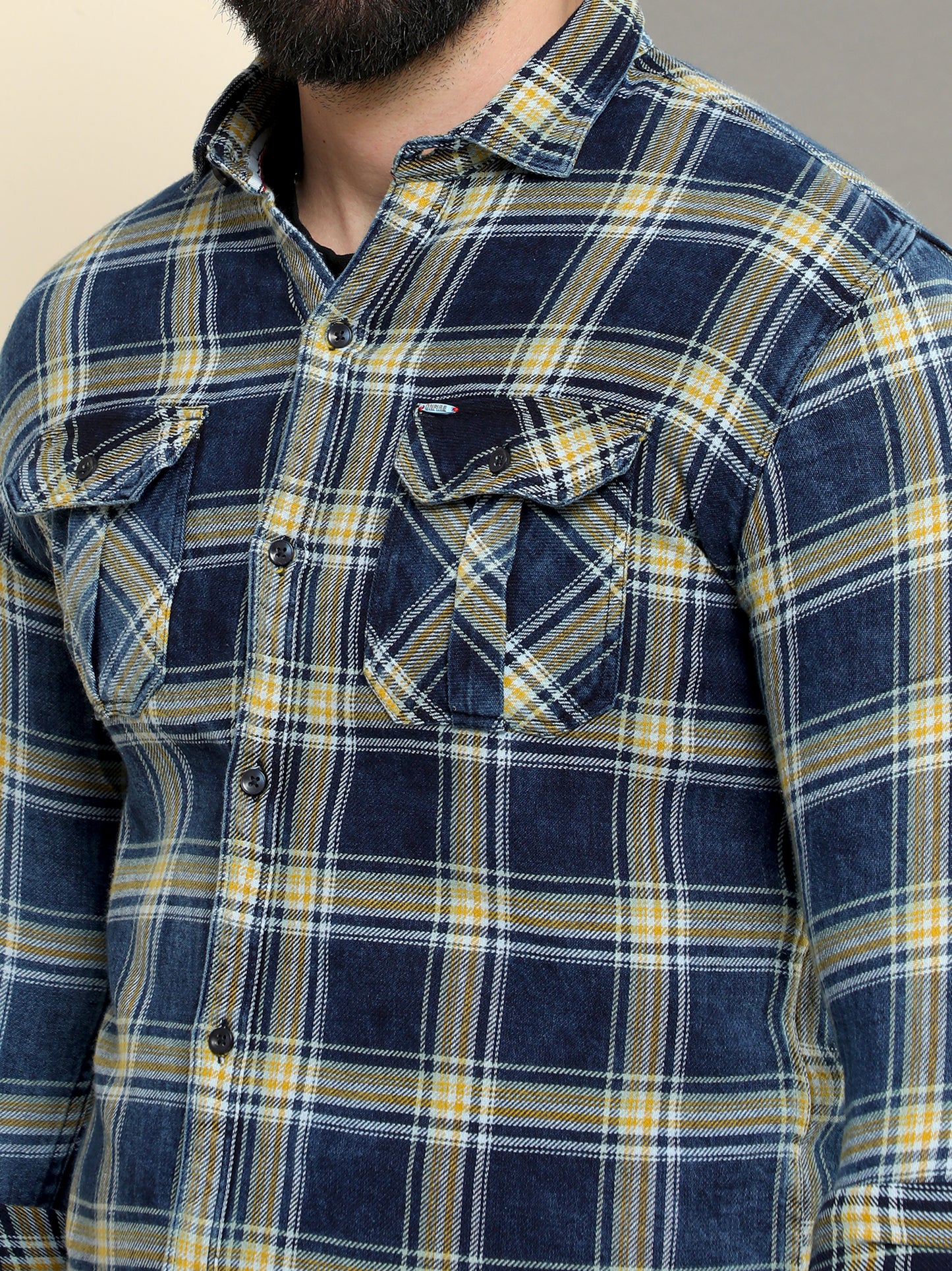 Onfire Denim Indigo Checks Cargo Shirt Blue/Yellow