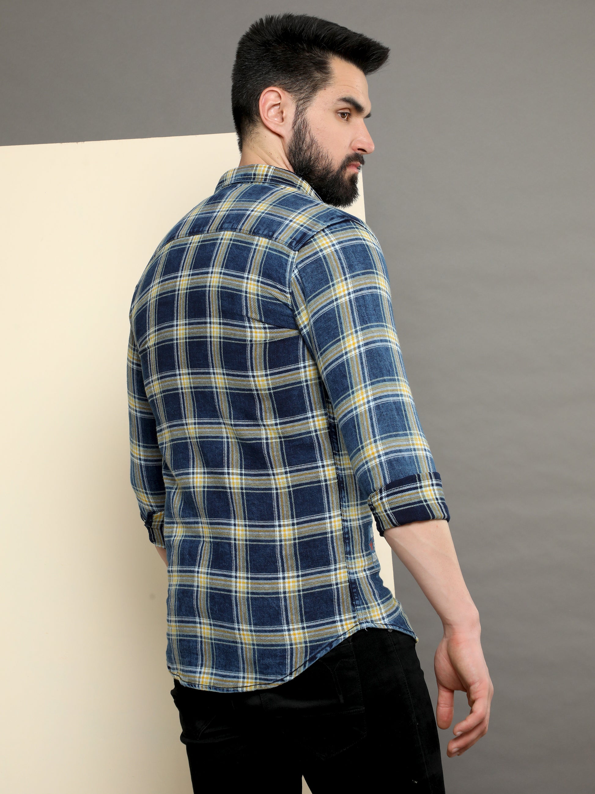 Onfire Denim Indigo Checks Cargo Shirt Blue/Yellow