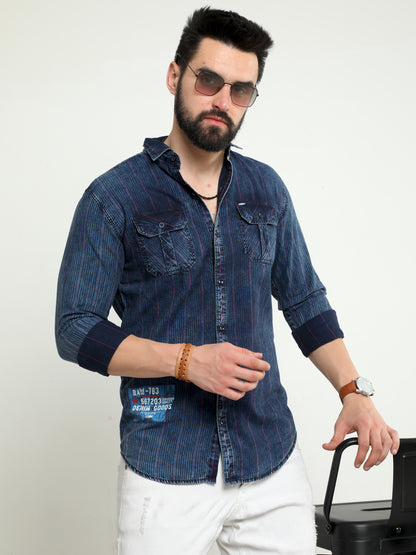 Onfire Denim Indigo Checks Cargo Shirt Blue/Red