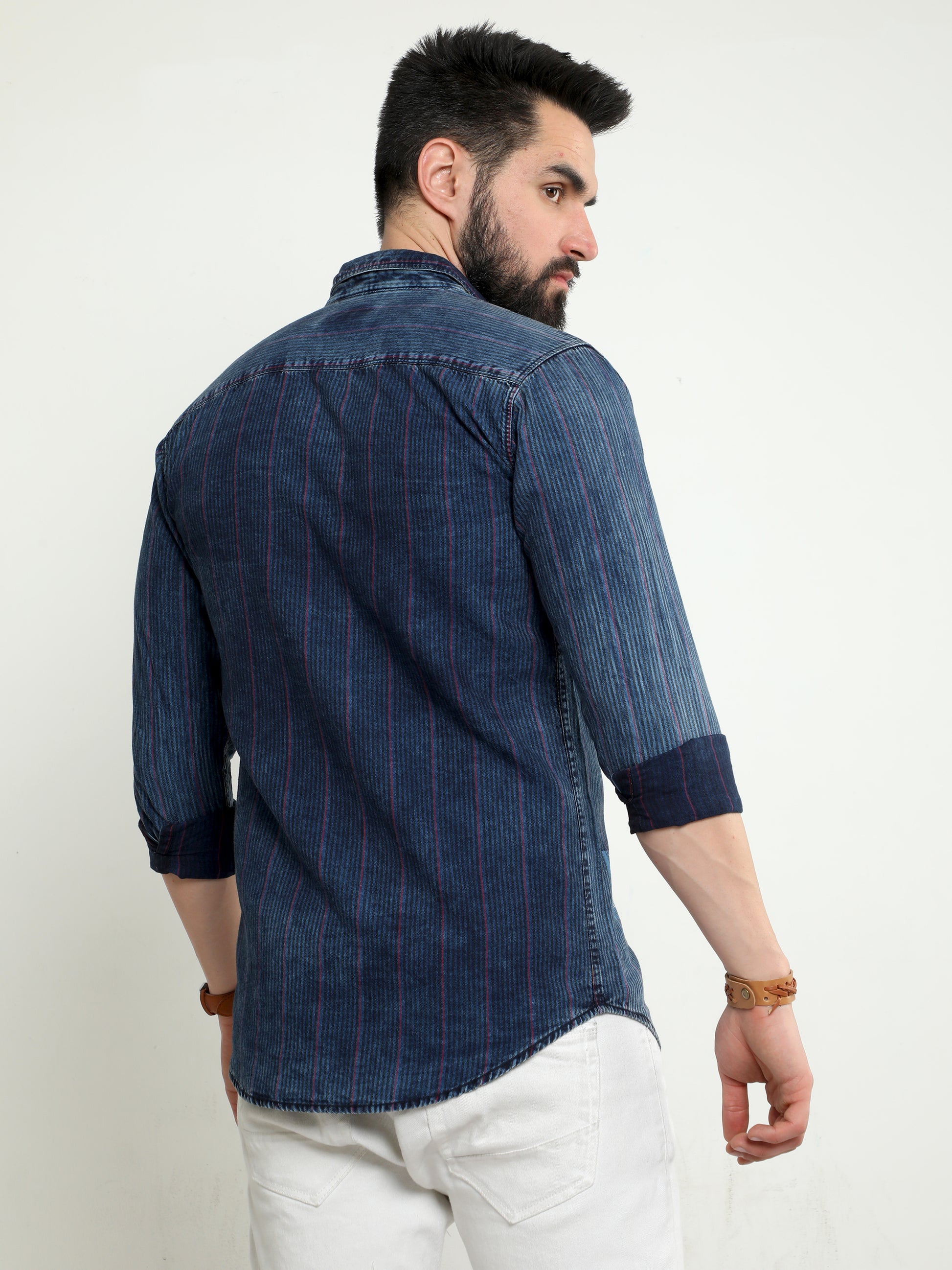 Onfire Denim Indigo Checks Cargo Shirt Blue/Red