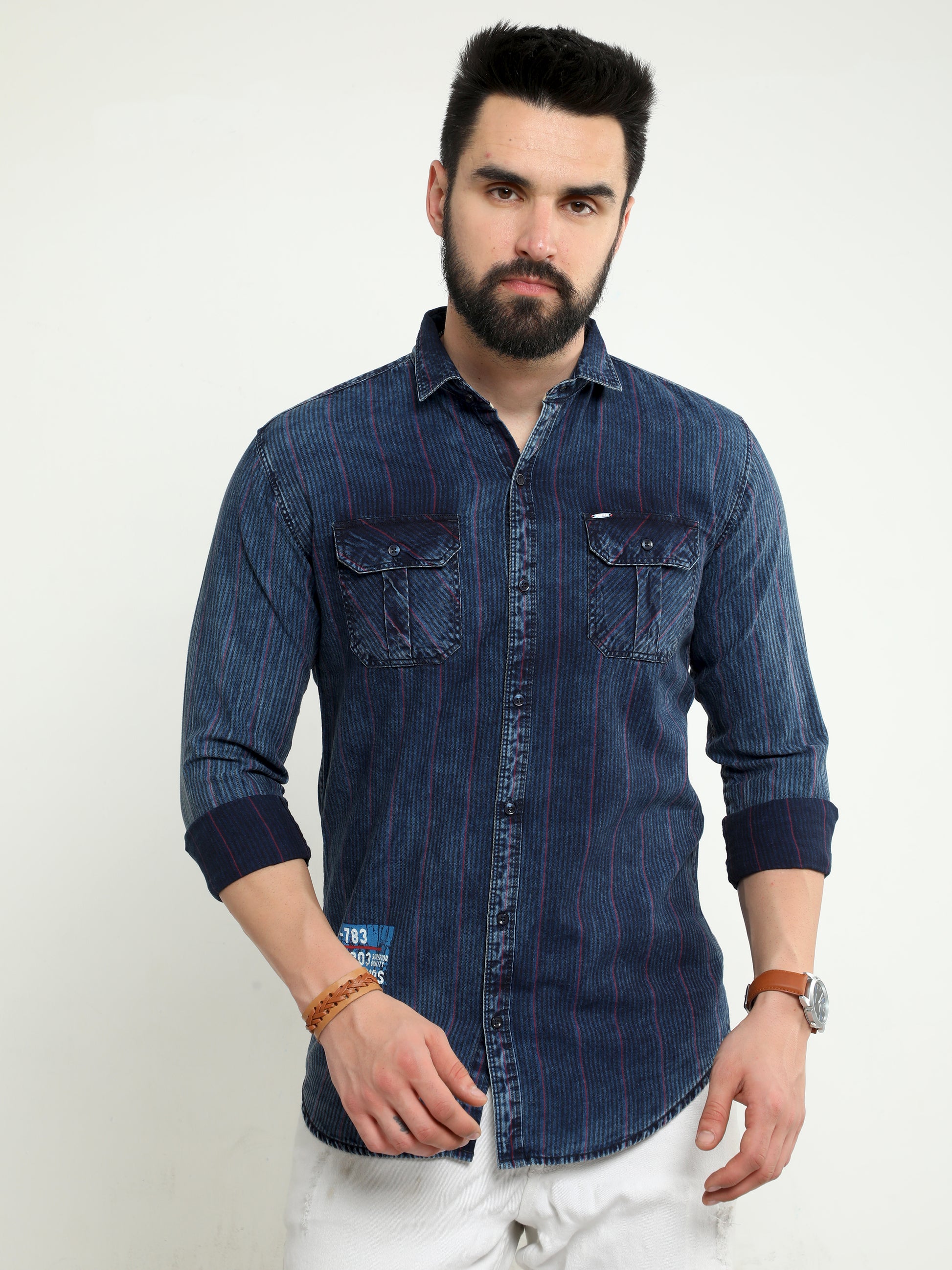 Onfire Denim Indigo Checks Cargo Shirt Blue/Red