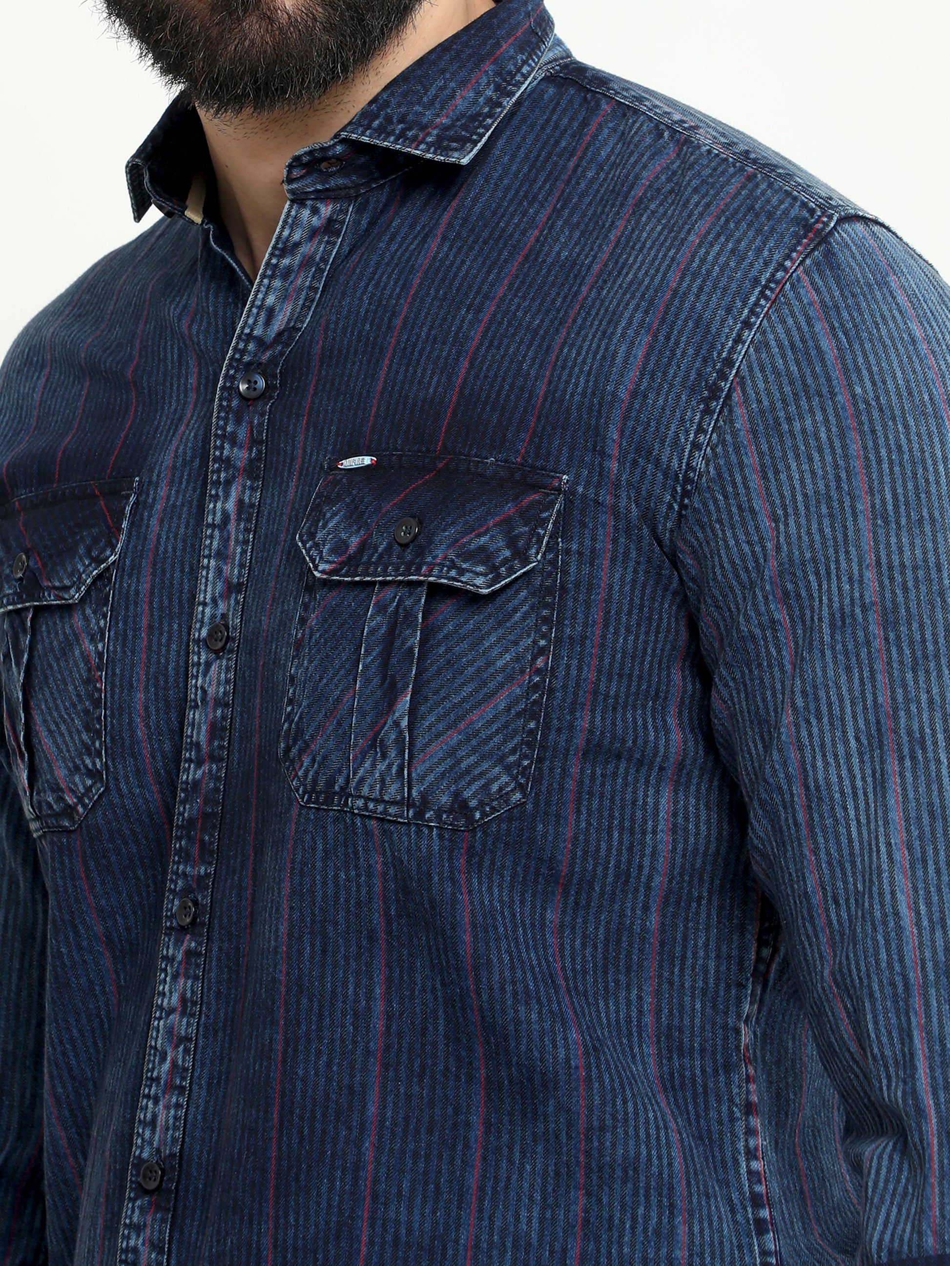 Onfire Denim Indigo Checks Cargo Shirt Blue/Red