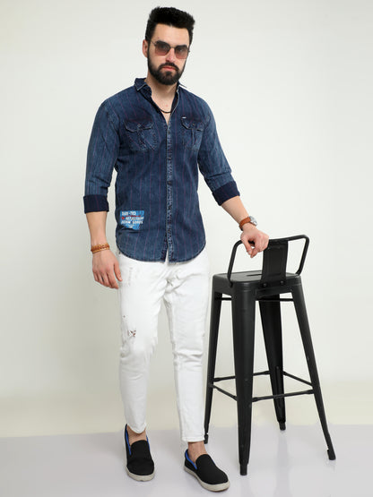 Onfire Denim Indigo Checks Cargo Shirt Blue/Red