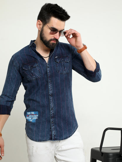 Onfire Denim Indigo Checks Cargo Shirt Blue/Red