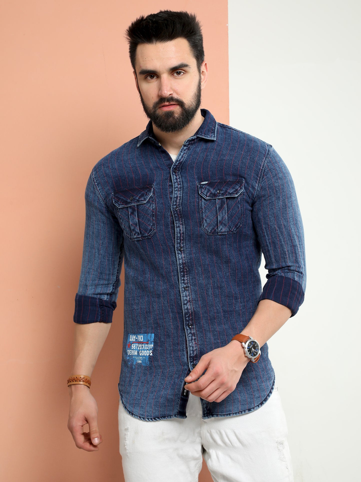 Onfire Denim Stripe Cargo Shirt white/Blue