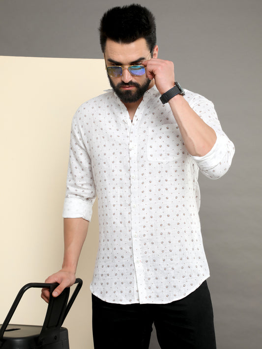 Onfire Pure Linen Printed Shirt White