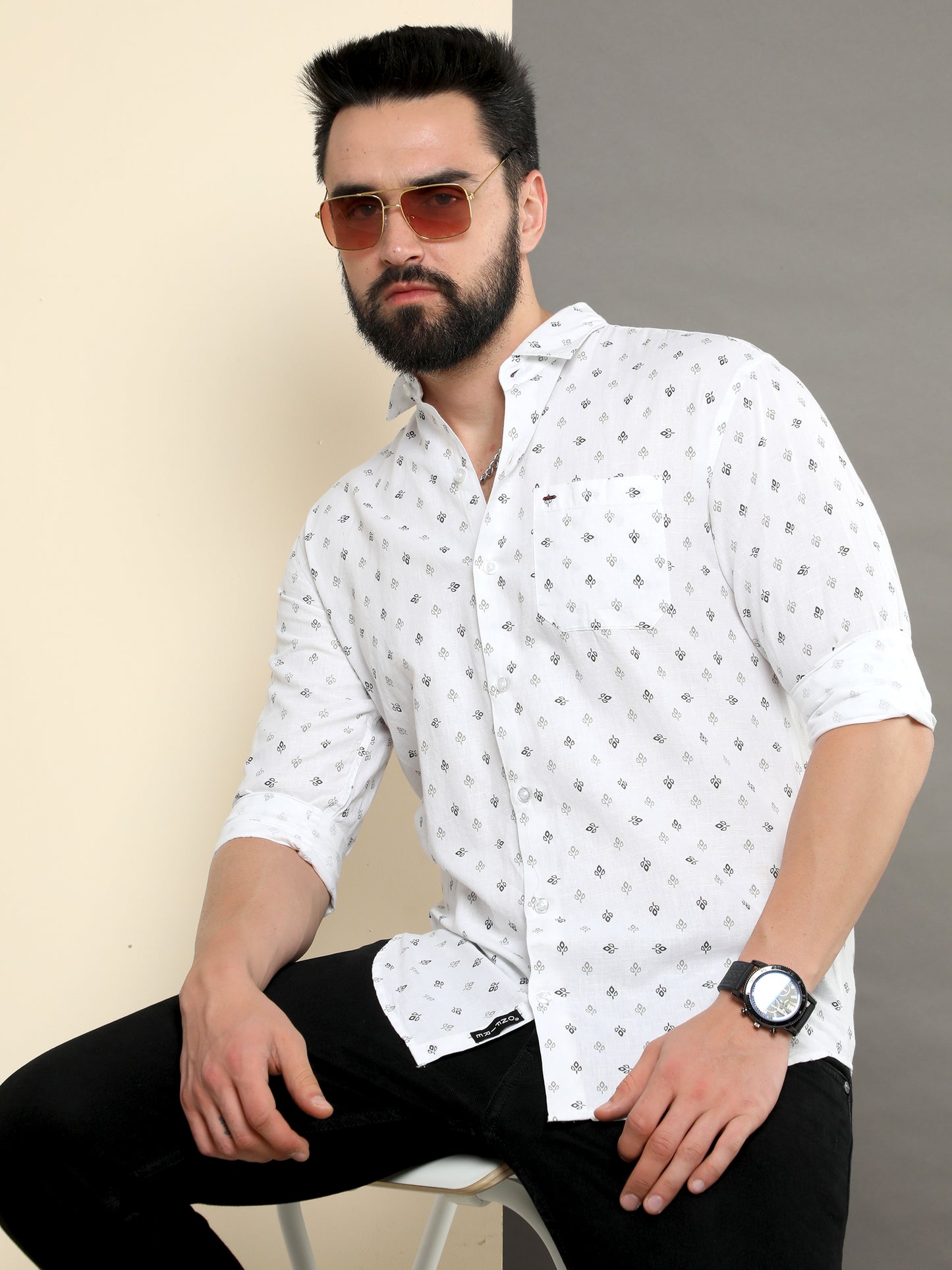 Onfire linen printed shirt white