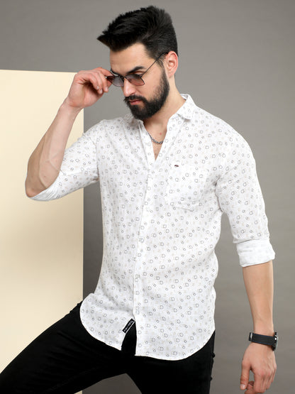 Onfire Raw Pure Linen Printed Shirt White