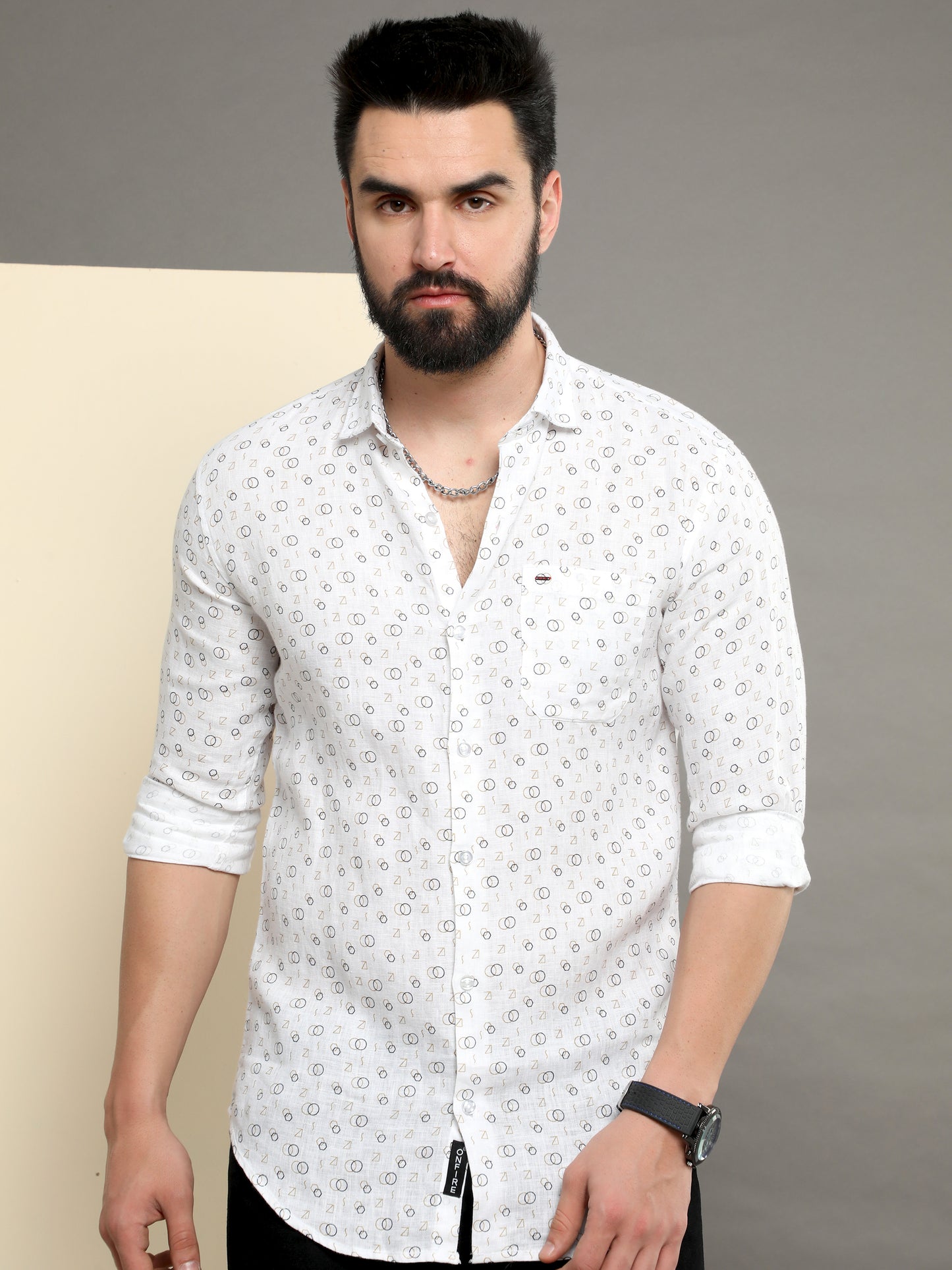 Onfire Raw Pure Linen Printed Shirt White